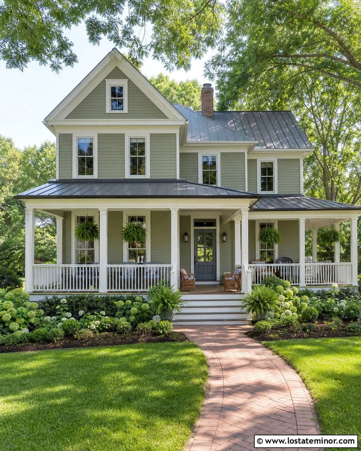 Sage Green House With Wraparound Porch Awning - 30 Sage Green House Design With Awning Ideas