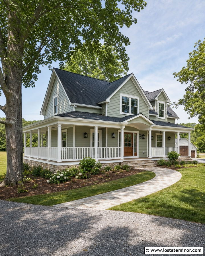 Sage Green House With Wraparound Porch Ceiling - 30 Sage Green House Design With Porch Ceiling Ideas