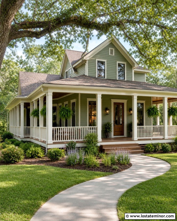 Sage Green House With Wraparound Porch Columns - 30 Sage Green House Design With Porch Columns Ideas