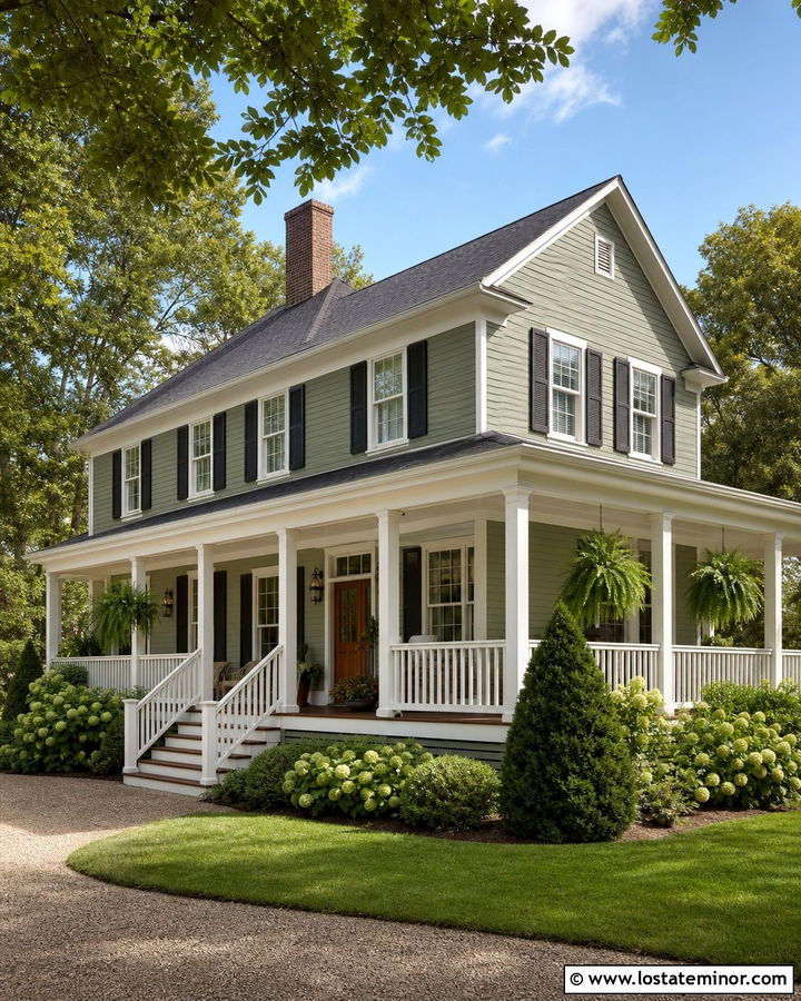 Sage Green House With Wraparound Porch Railings - 30 Sage Green House Design With Railings Ideas