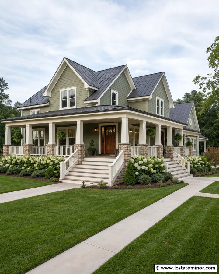 Sage Green House With Wraparound Porch Steps - 30 Sage Green House Design With Steps Ideas