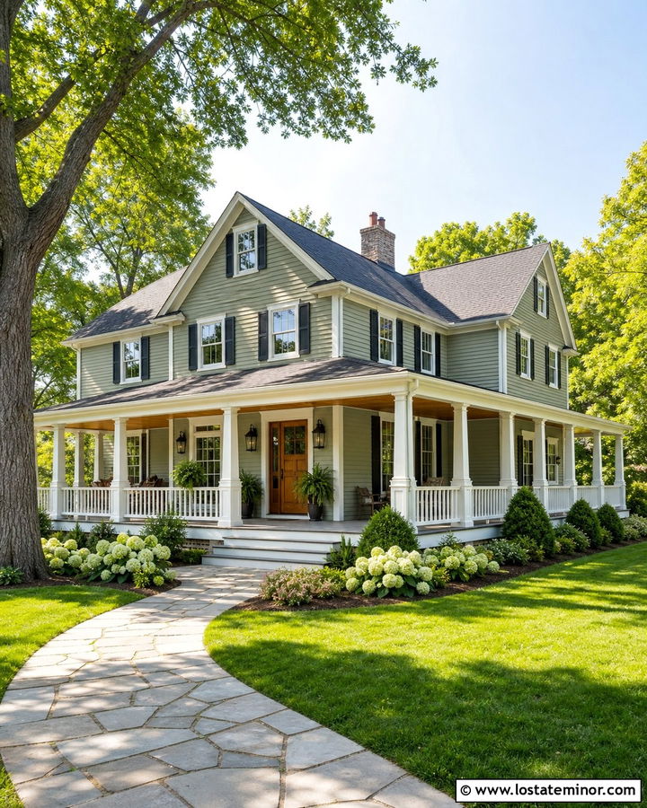 Sage Green House With Wraparound Portico - 30 Sage Green House Design With Portico Ideas