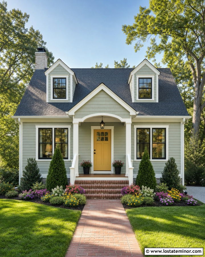 Sage Green House With Yellow Door And Dormers - 30 Sage Green House Design With Dormers Ideas