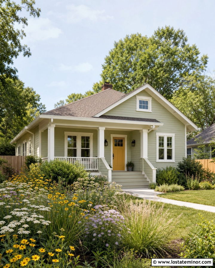 Sage Green House With Yellow Door And Meadow Planting - 30 Sage Green House Design With Front Yard Ideas