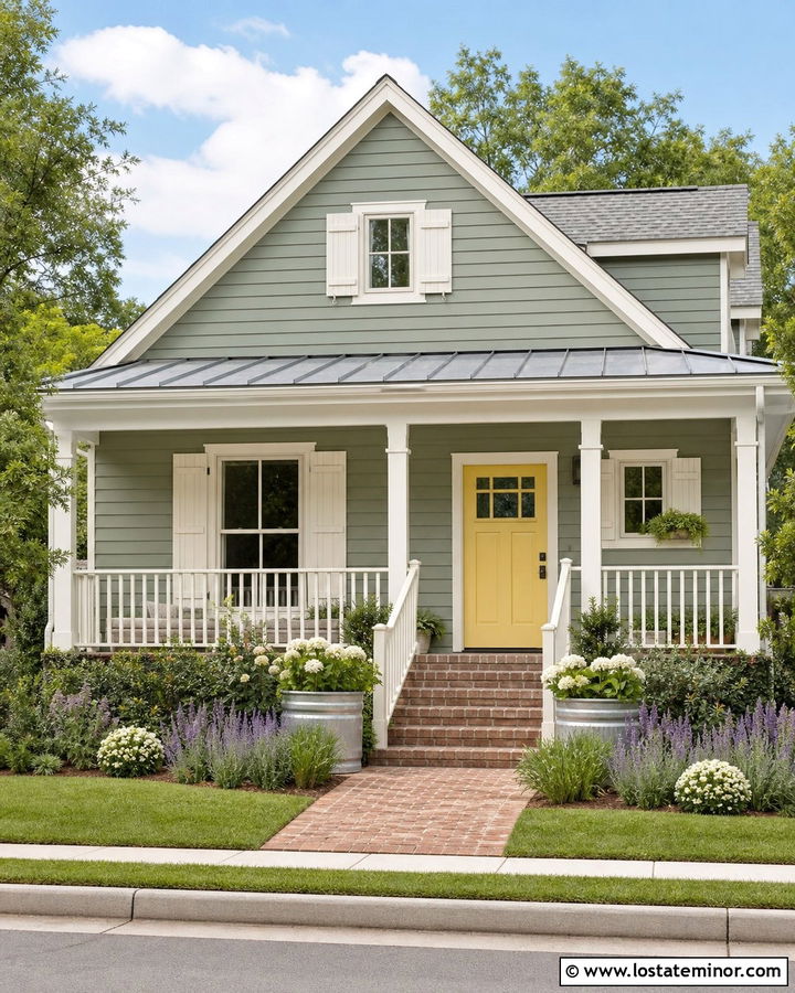Sage Green House With Yellow Door And White Shutters - 30 Sage Green House Design With Shutters Ideas