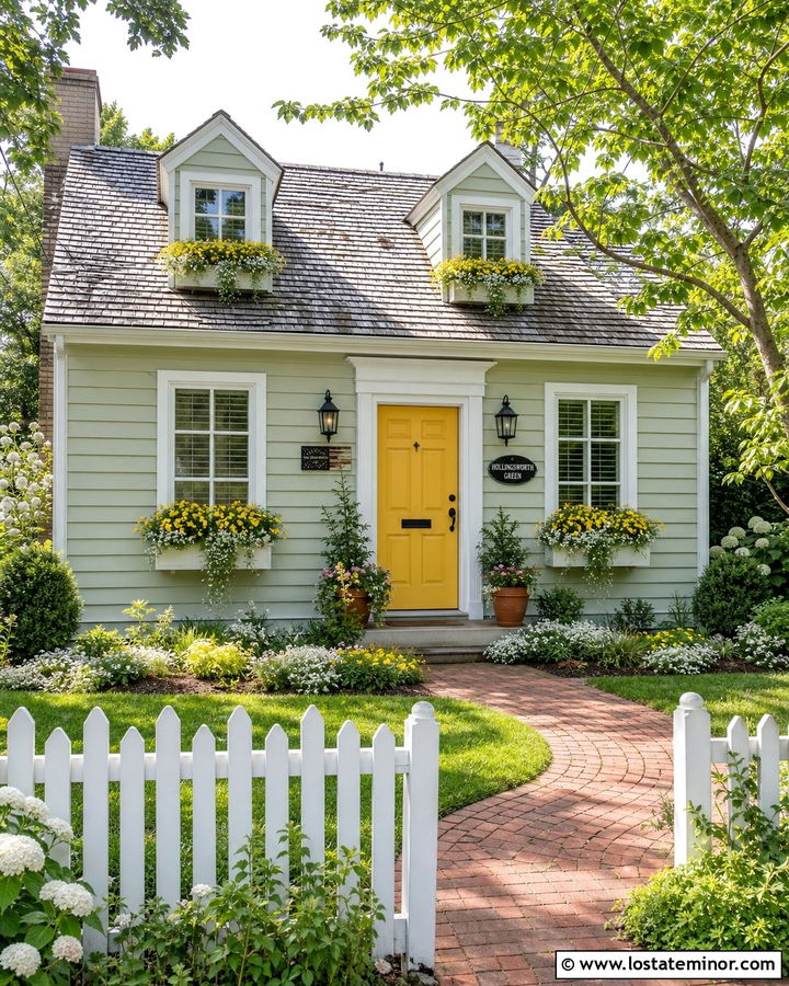 Sage Green House With Yellow Flower Window Boxes - 30 Sage Green House Design With Window Boxes Ideas