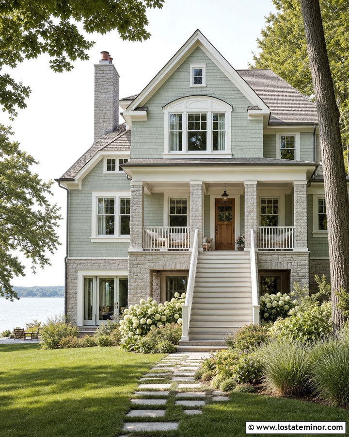 Sage Green Lake House With Light Stone - 30 Sage Green House Design With Stone Accents Ideas