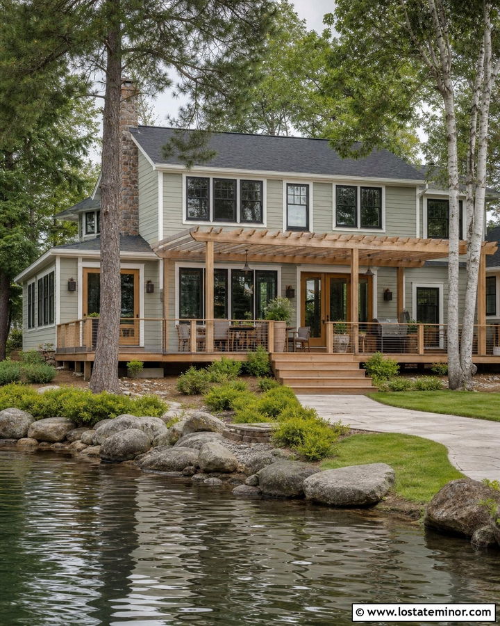 Sage Green Lake House With Waterfront Pergola - 30 Sage Green House Design With Pergola Ideas