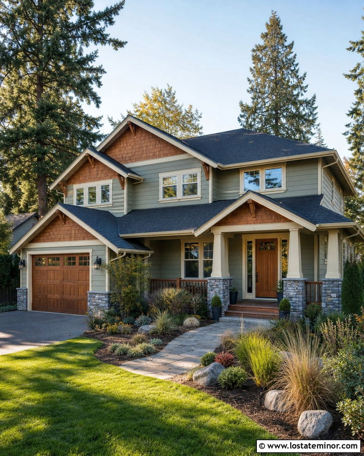 Sage Green Lap Siding With Cedar Accents - 30 Sage Green House Design With Accents Ideas