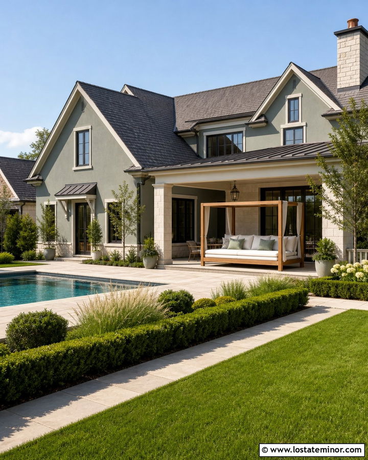 Sage Green Luxury House With Poolside Daybed - 30 Sage Green House Design With Daybed Ideas