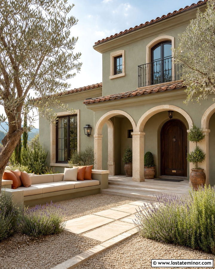Sage Green Mediterranean House With Courtyard Daybed - 30 Sage Green House Design With Daybed Ideas