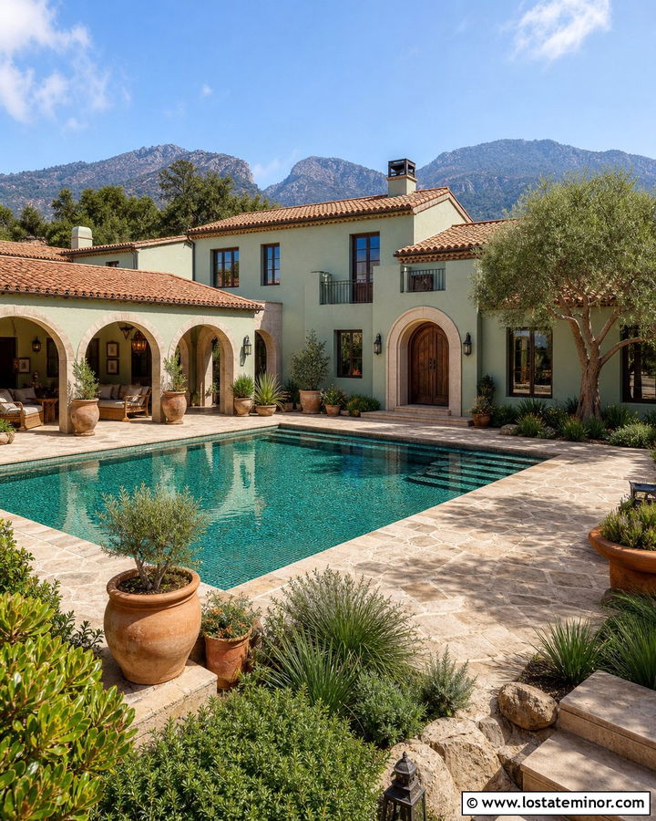 Sage Green Mediterranean House With Courtyard Pool - 30 Sage Green House Design With Swimming Pool Ideas