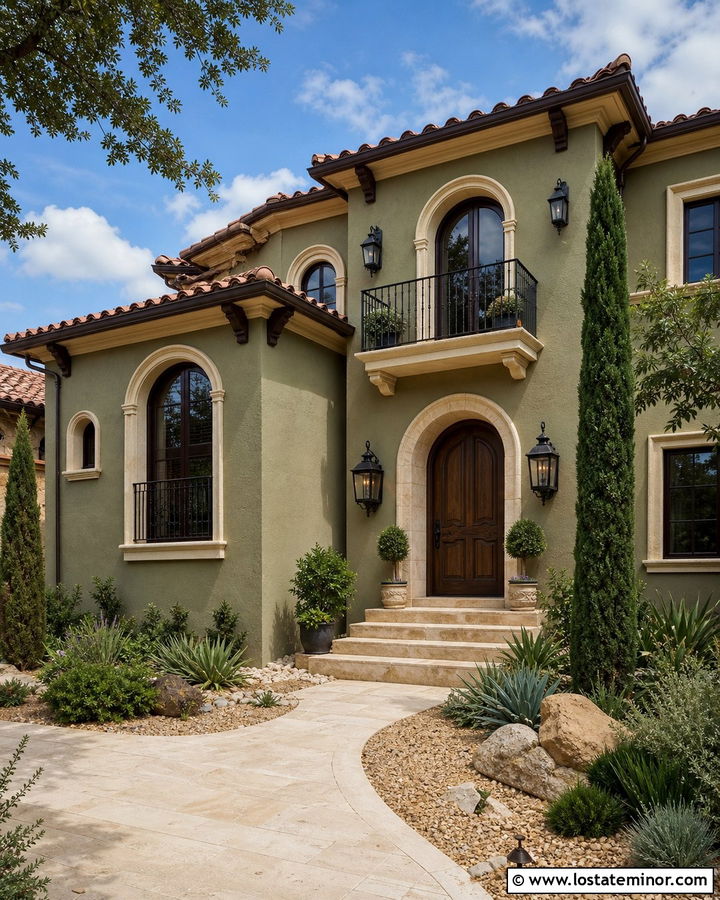 Sage Green Mediterranean House With Iron Lights - 30 Sage Green House Design With Light Fixtures Ideas