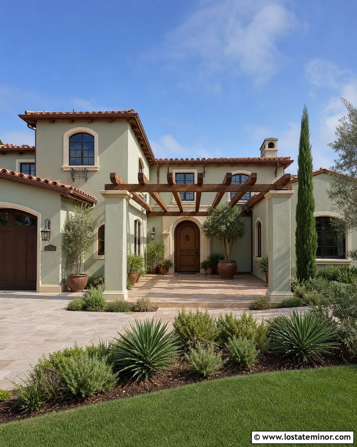 Sage Green Mediterranean House With Stucco Pergola - 30 Sage Green House Design With Pergola Ideas