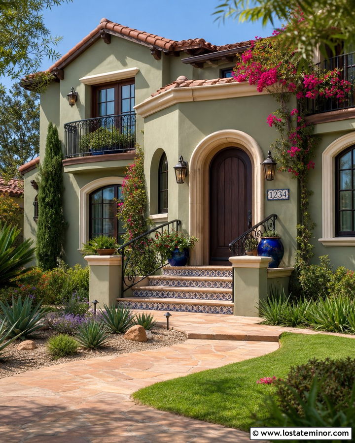 Sage Green Mediterranean House With Tile Numbers - 30 Sage Green House Design With House Numbers Ideas