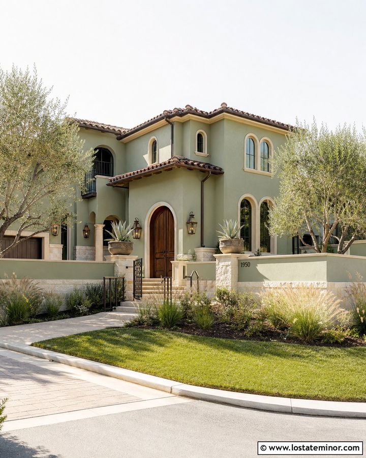 Sage Green Mediterranean House With Travertine Wainscoting - 30 Sage Green House Design With Wainscoting Ideas