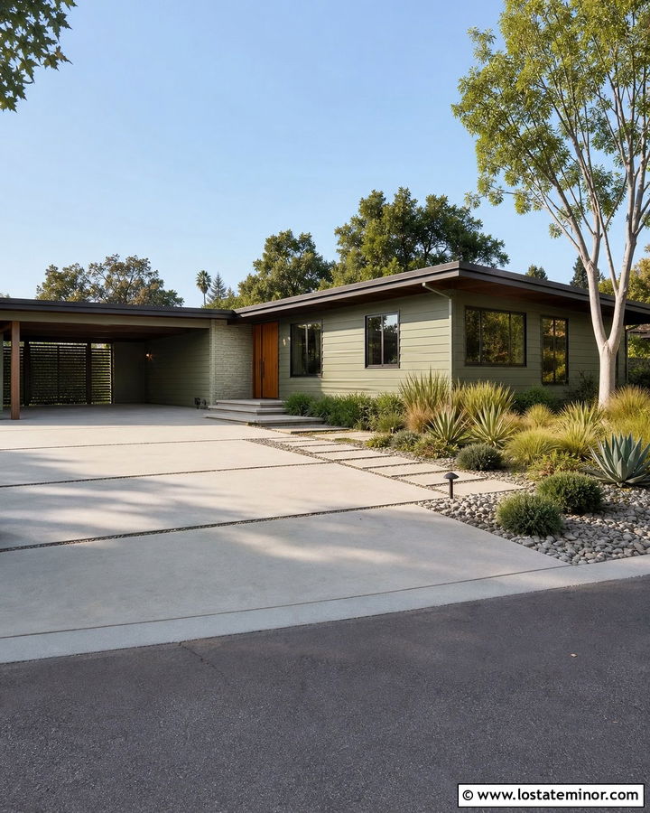 Sage Green Mid Century House With Concrete Driveway - 30 Sage Green House Design With Driveway Ideas