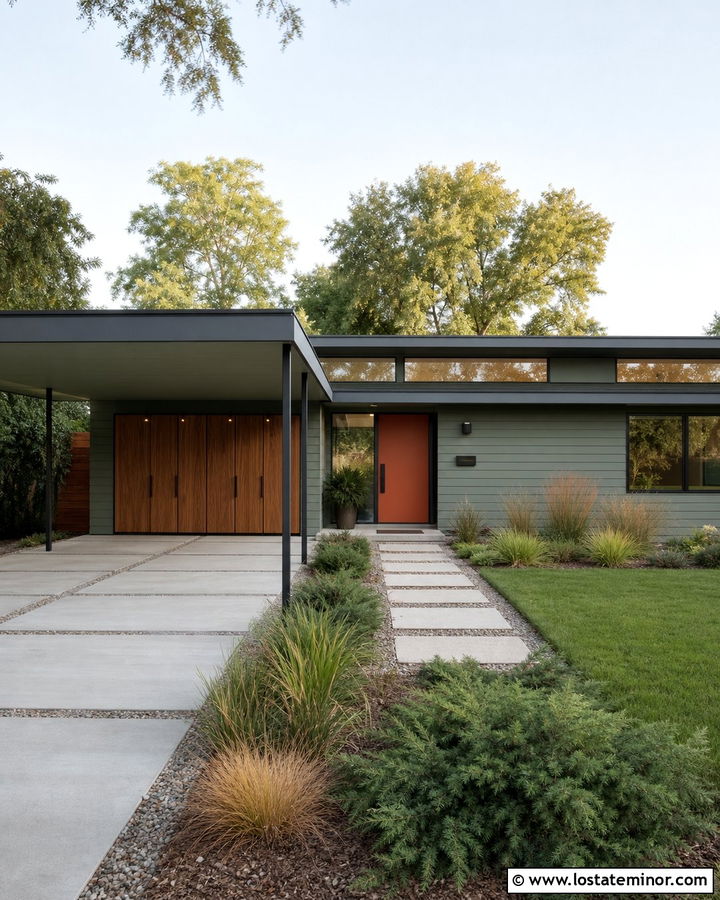 Sage Green Midcentury House With Flat Roof Carport - 30 Sage Green House Design With Carport Ideas