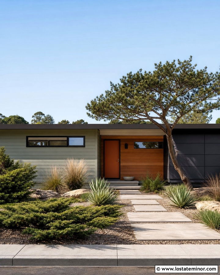 Sage Green Midcentury House With Geometric Landscaping - 30 Sage Green House Design With Front Yard Ideas