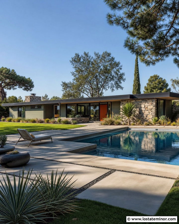 Sage Green Midcentury House With Geometric Pool - 30 Sage Green House Design With Swimming Pool Ideas