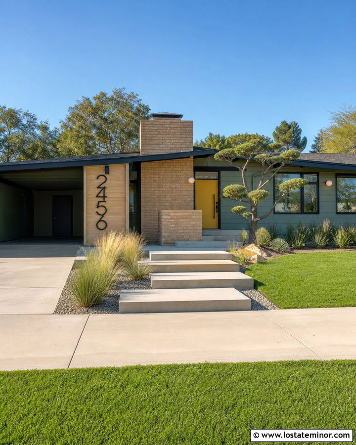 Sage Green Midcentury House With Oversized Black Numbers - 30 Sage Green House Design With House Numbers Ideas