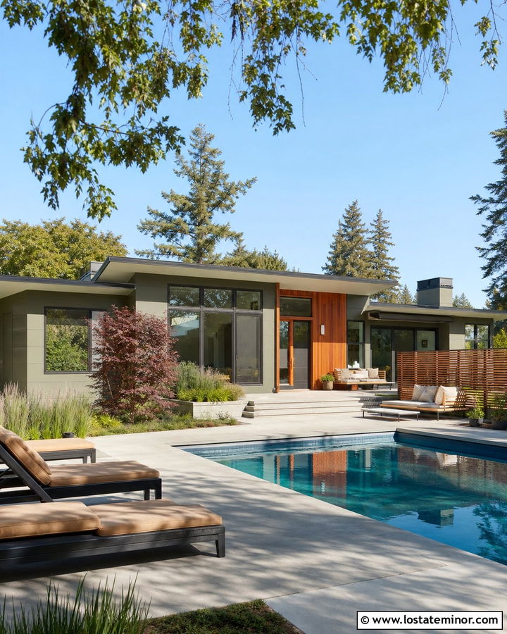 Sage Green Midcentury House With Pool Patio - 30 Sage Green House Design With Backyard Ideas