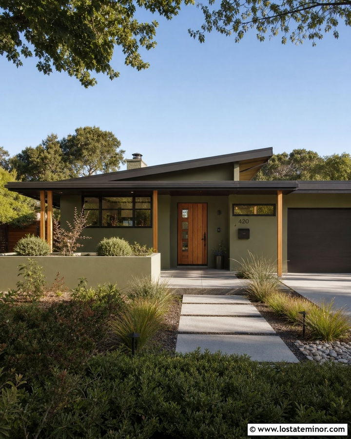 Sage Green Midcentury House With Shed Roof Porch - 30 Sage Green House Design With Front Porch Ideas
