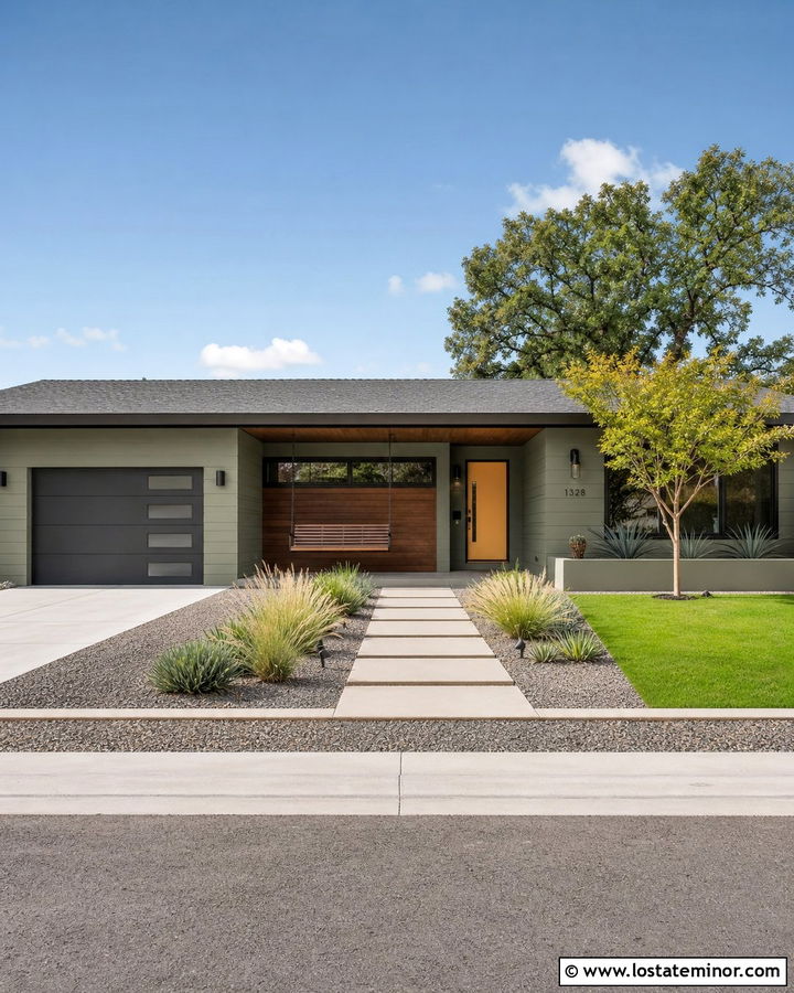 Sage Green Midcentury House With Slatted Swing - 30 Sage Green House Design With Swing Ideas