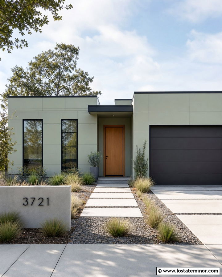 Sage Green Minimalist House With Concrete Numbers - 30 Sage Green House Design With House Numbers Ideas