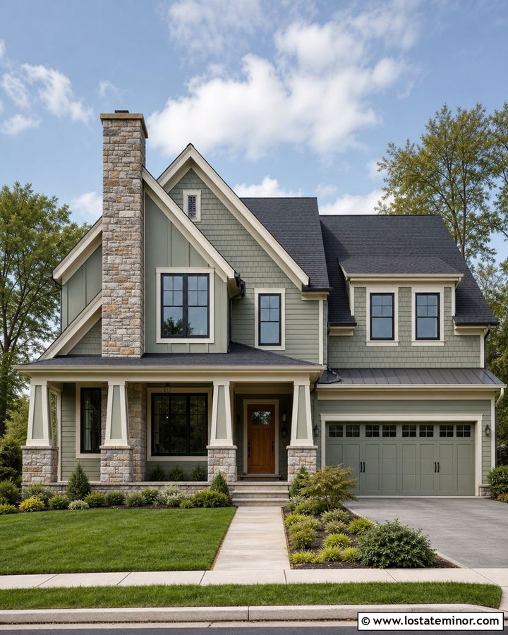 Sage Green Mixed Siding House With Chimney - 30 Sage Green House Design With Chimney Ideas