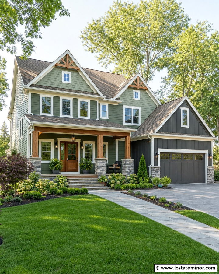 Sage Green Mixed Siding House With Shingles - 30 Sage Green House Design With Shingles Ideas