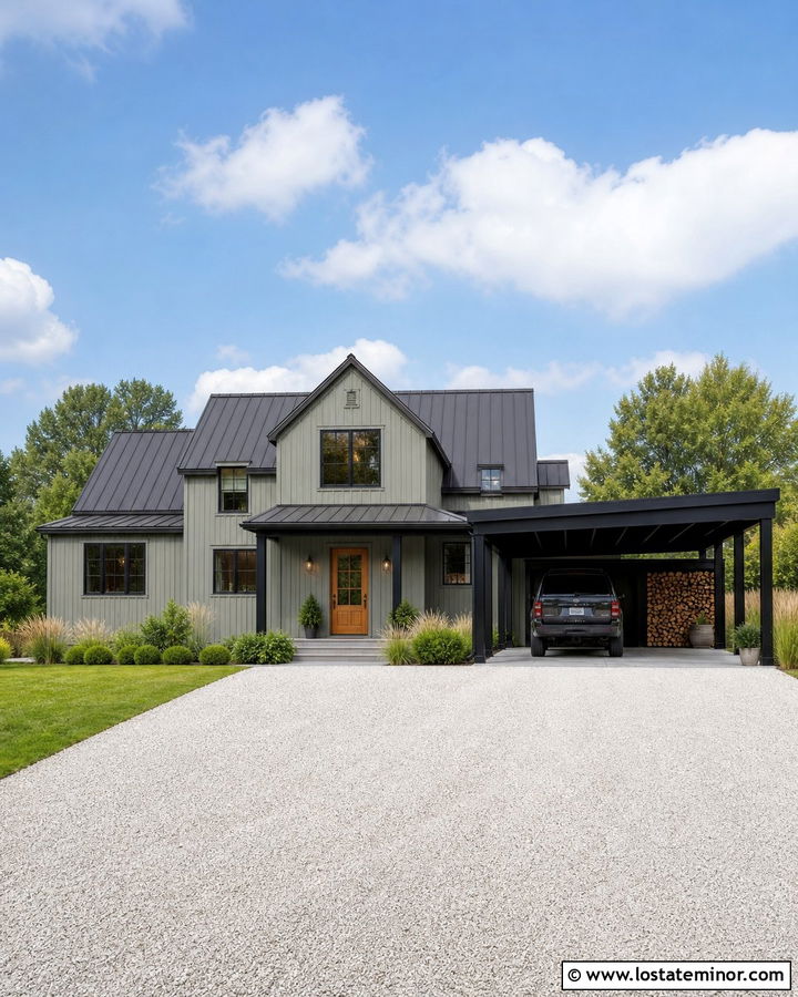 Sage Green Modern Farmhouse With Black Carport - 30 Sage Green House Design With Carport Ideas