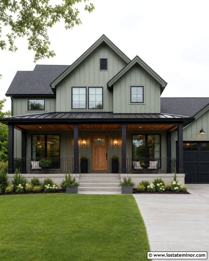 Sage Green Modern Farmhouse With Black Front Porch - 30 Sage Green House Design With Front Porch Ideas