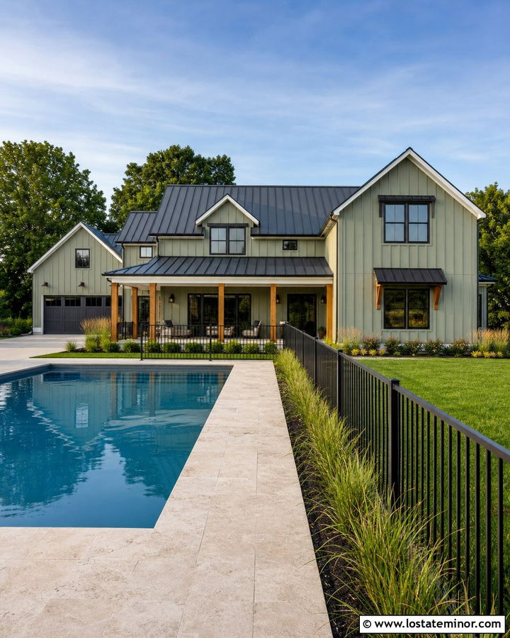 Sage Green Modern Farmhouse With Black Pool Fence - 30 Sage Green House Design With Swimming Pool Ideas