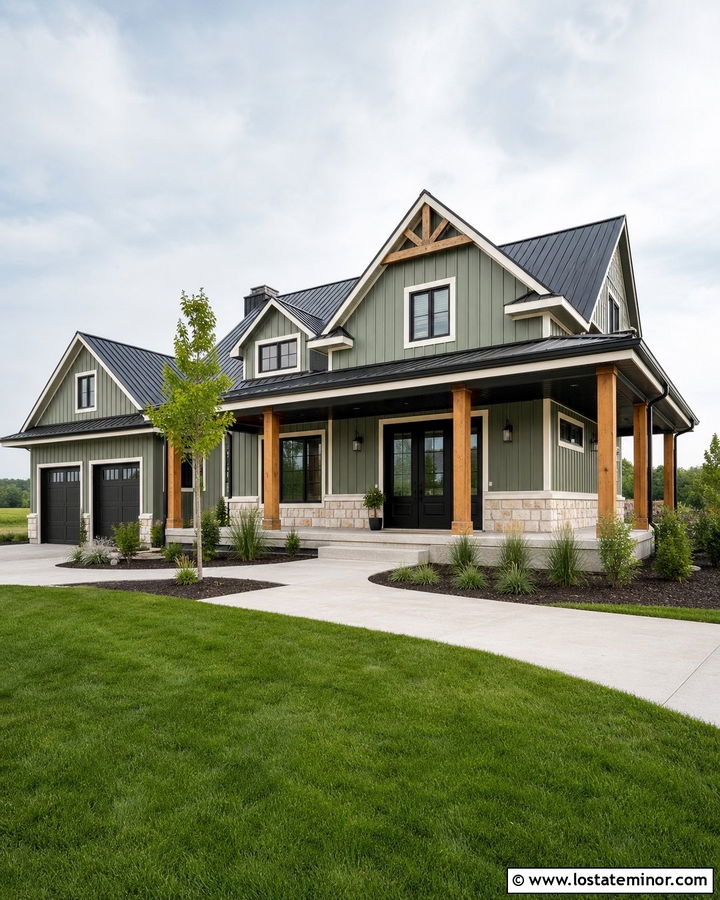 Sage Green Modern Farmhouse With Black Porch Ceiling - 30 Sage Green House Design With Porch Ceiling Ideas