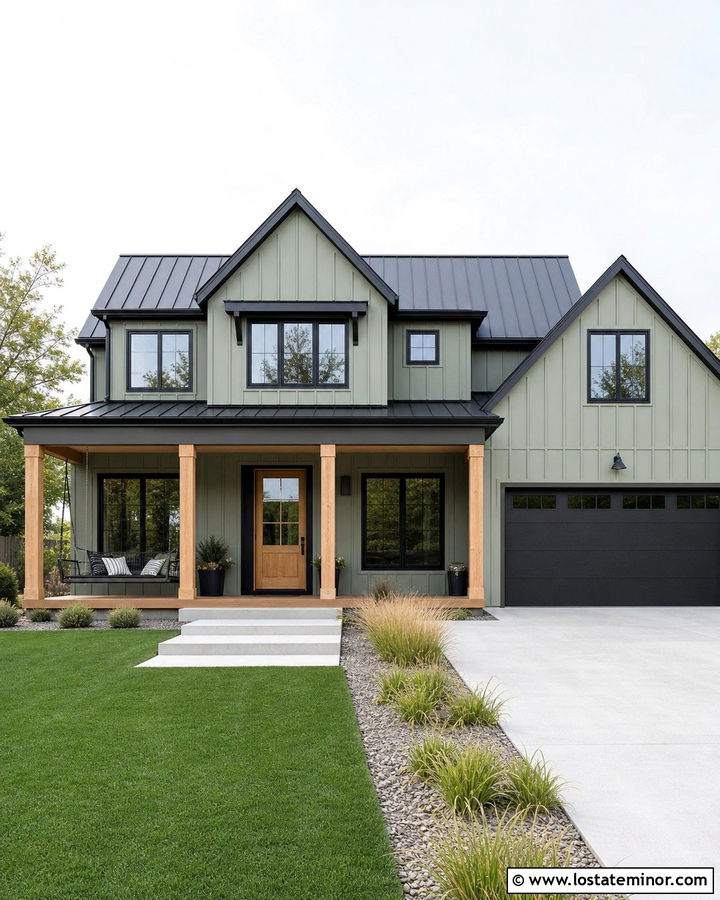 Sage Green Modern Farmhouse With Black Swing - 30 Sage Green House Design With Swing Ideas