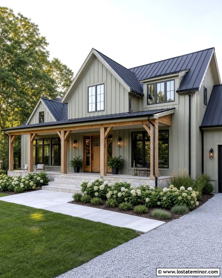 Sage Green Modern Farmhouse With Black Windows - 30 Sage Green House Design With Accents Ideas