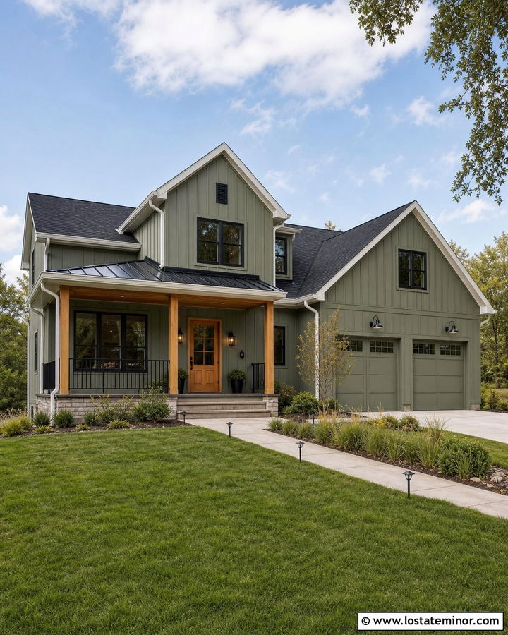 Sage Green Modern Farmhouse With Gables - 30 Sage Green House Design With Gables Ideas