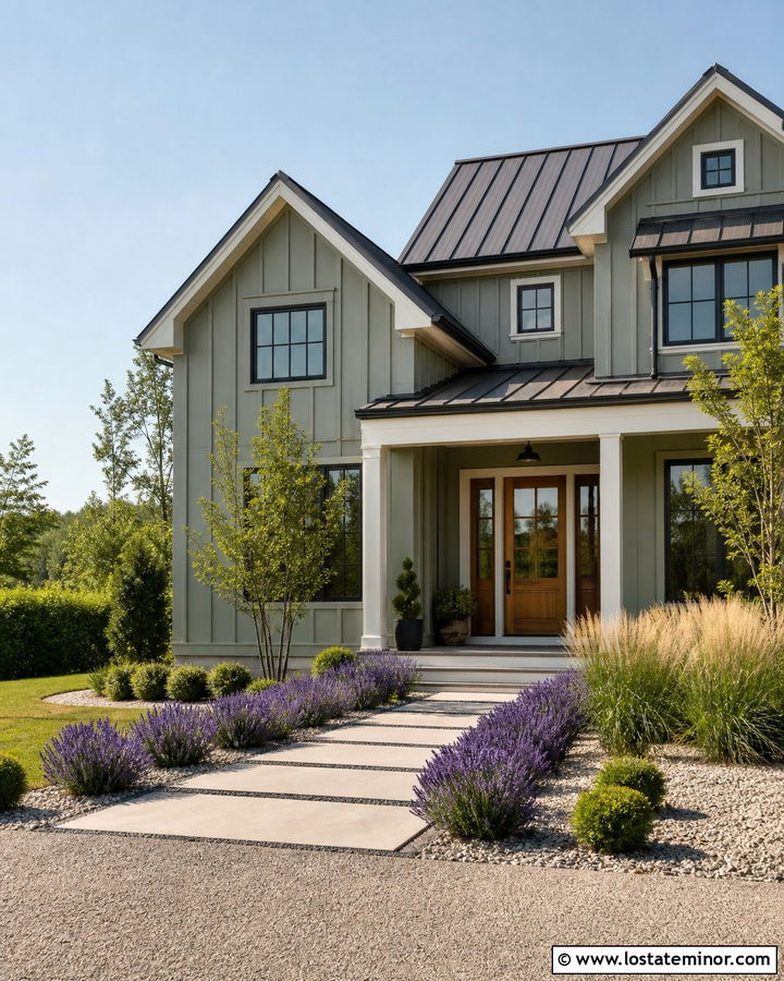 Sage Green Modern Farmhouse With Lavender Walkway - 30 Sage Green House Design With Front Yard Ideas