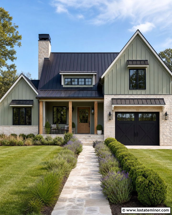 Sage Green Modern Farmhouse With Limestone - 30 Sage Green House Design With Stone Accents Ideas