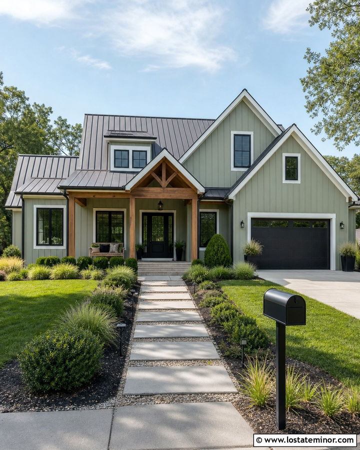 Sage Green Modern Farmhouse With Modern Mailbox - 30 Sage Green House Design With Mailbox Ideas