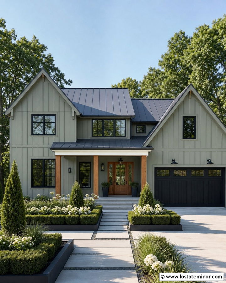 Sage Green Modern Farmhouse With Structured Landscaping - 30 Sage Green House Design With Landscaping Ideas