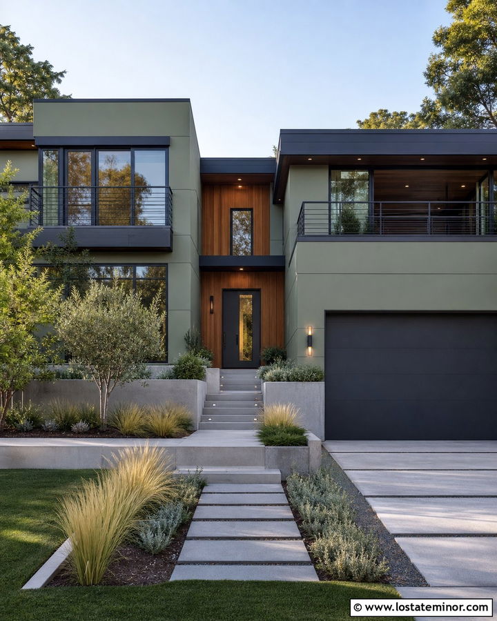 Sage Green Modern House With Aluminum Railings - 30 Sage Green House Design With Railings Ideas