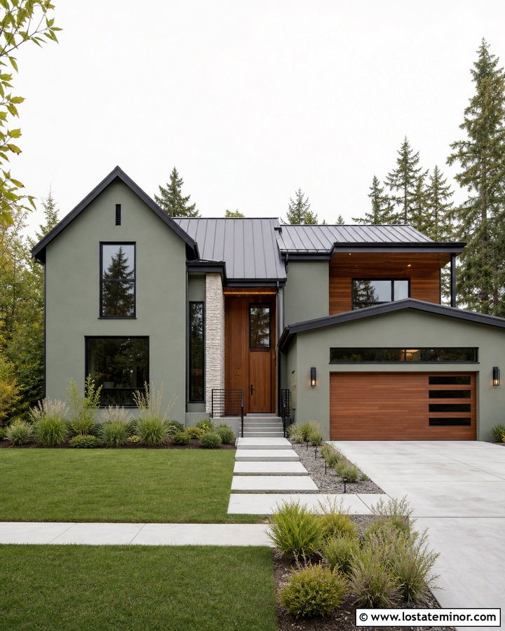 Sage Green Modern House With Asymmetrical Gables - 30 Sage Green House Design With Gables Ideas