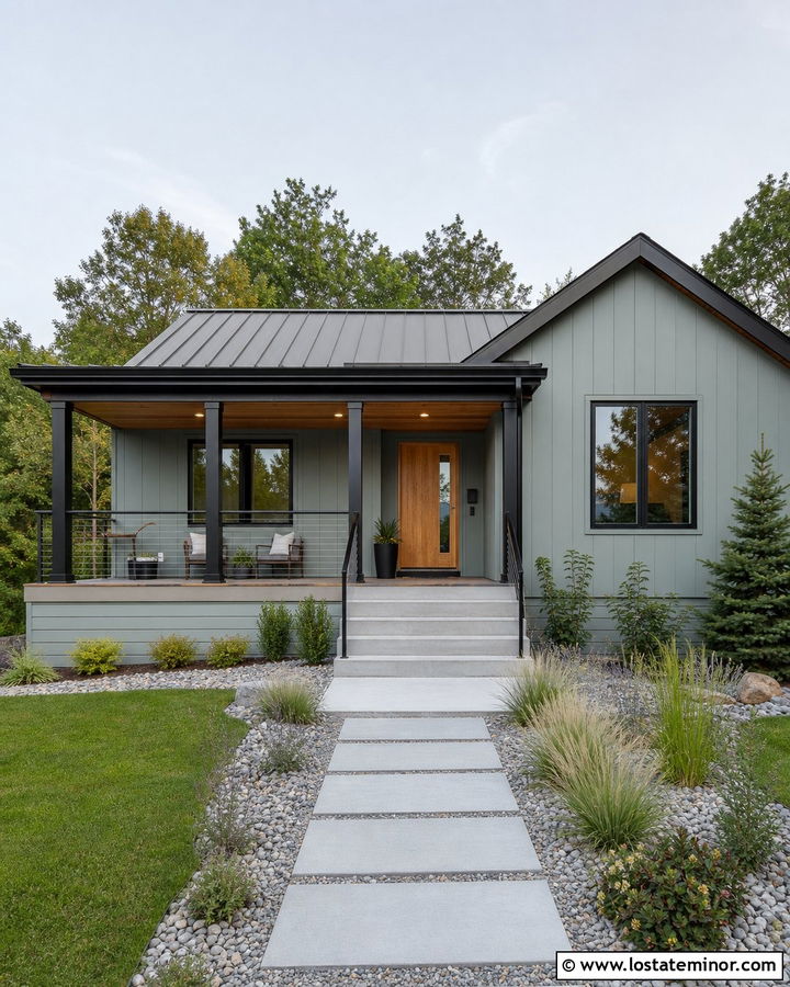 Sage Green Modern House With Cable Railing Porch - 30 Sage Green House Design With Front Porch Ideas