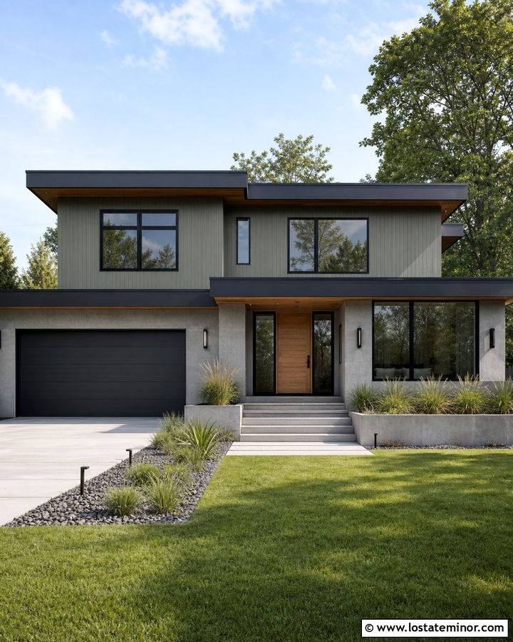 Sage Green Modern House With Concrete Wainscoting - 30 Sage Green House Design With Wainscoting Ideas