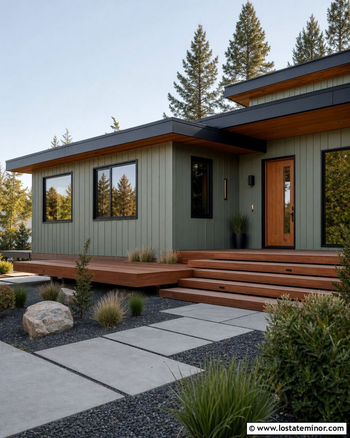 Sage Green Modern House With Floating Deck - 30 Sage Green House Design With Deck Ideas