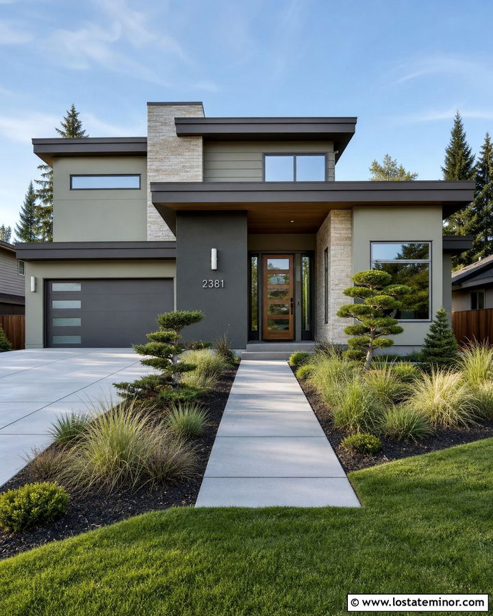 Sage Green Modern House With Floating Steel Numbers - 30 Sage Green House Design With House Numbers Ideas