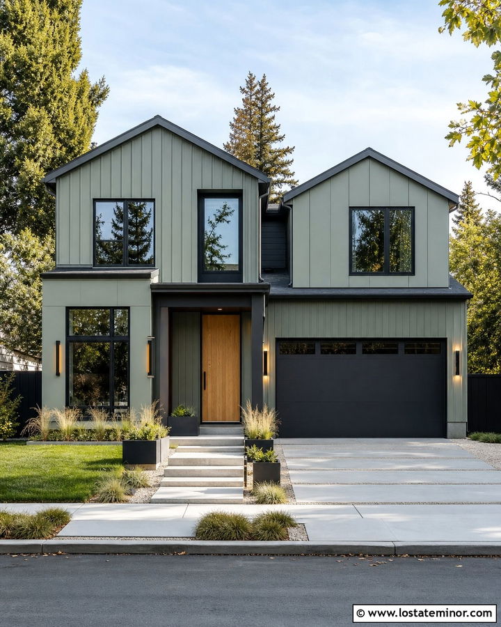Sage Green Modern House With Linear LED Sconces - 30 Sage Green House Design With Light Fixtures Ideas