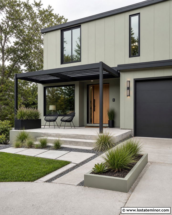 Sage Green Modern House With Metal Pergola - 30 Sage Green House Design With Pergola Ideas